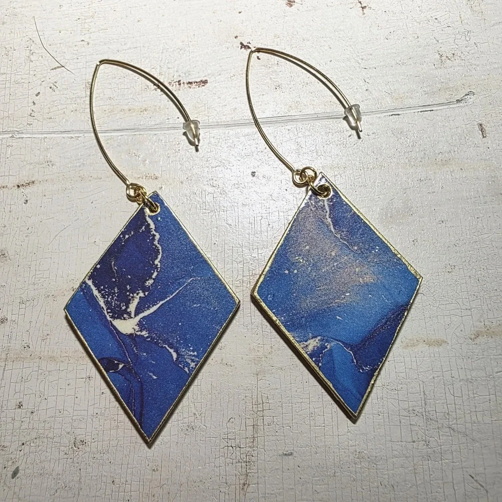 Handmade Abstract Wood Statement Earrings OOAK Ocean Blue Gold Metallic Dangles